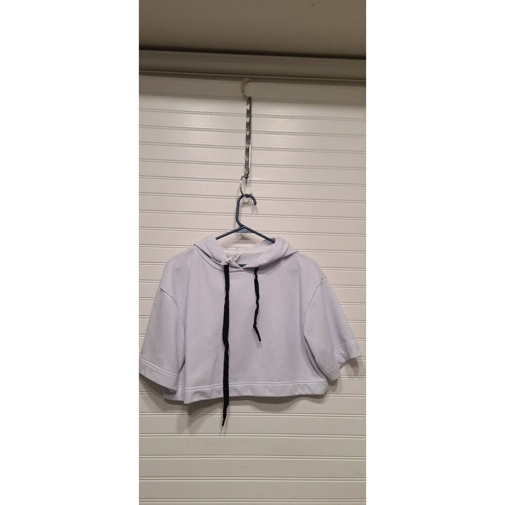 Alo Yoga Womens White/Gray Color Hooded Short Sleeve Crop Sweatshirt Size S